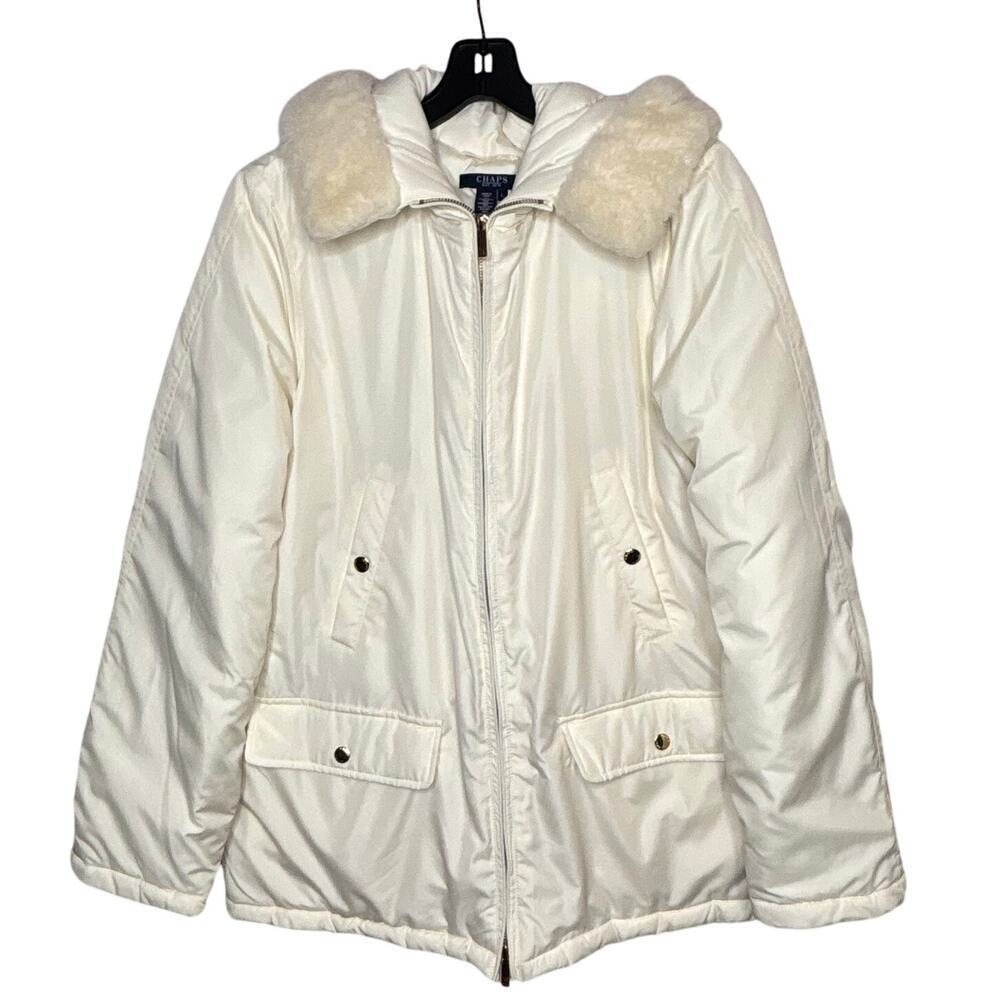 Chaps Ivory Faux Fur Trim Hooded Insulated Zipper Puff Winter Coat Size Large